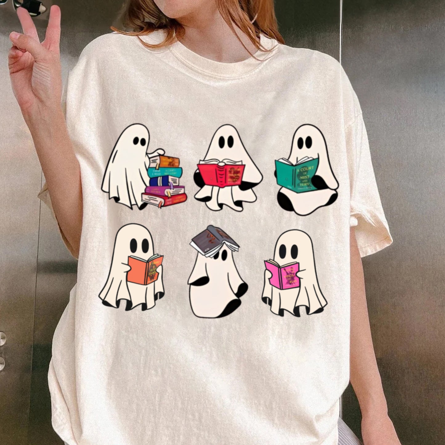 Halloween Comfort Colors Retro Ghosts Reading Books Teacher Librarian Halloween Gift Spooky Season Trendy Shirt Gift Halloween Book Lover