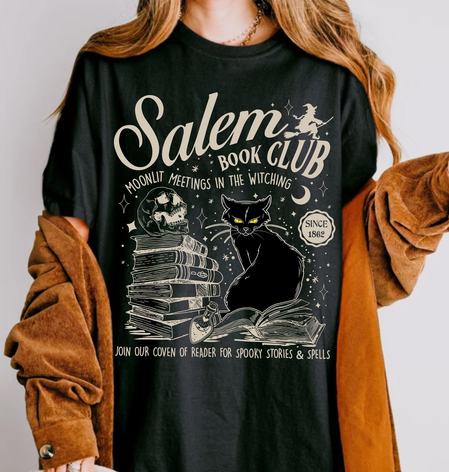 Retro Salem Book Club Shirt, Bookish Halloween Tee, Black Cat Spooky Book Lover Shirt, Salem Witches, Spooky Season Fall Bookish Things