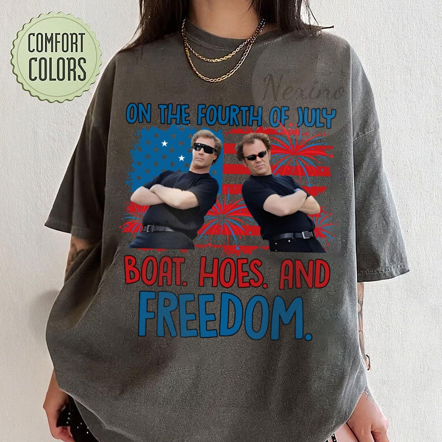 On the Fourth Of July Boats Hoes And Freedom Comfort Colors T Shirts, 4th of July Shirts, Patriotic Fourth Of July Funny Movie T Shirts