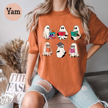 Halloween Comfort Colors Retro Ghosts Reading Books Teacher Librarian Halloween Gift Spooky Season Trendy Shirt Gift Halloween Book Lover
