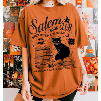 Retro Salem Book Club Shirt, Bookish Halloween Tee, Black Cat Spooky Book Lover Shirt, Salem Witches, Spooky Season Fall Bookish Things