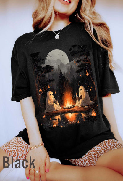 Vintage Ghost Book Reading Camping Gothic Halloween Teachers Stay Spooky Shirt Minimal Halloween Shirt Ghost Pocket shirt Skeleton Graphic