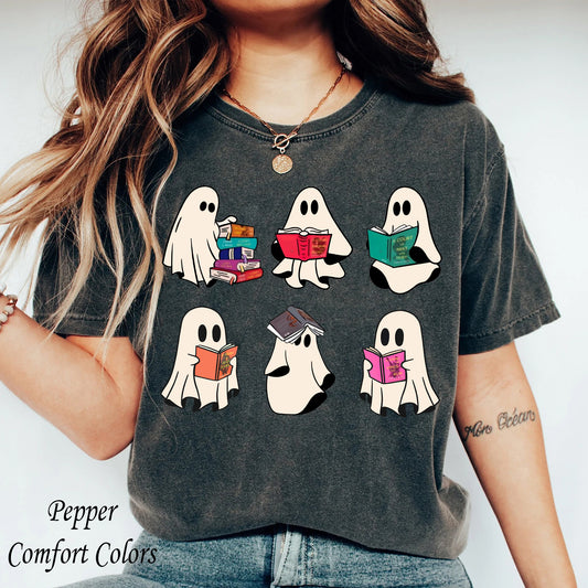 Halloween Comfort Colors Retro Ghosts Reading Books Teacher Librarian Halloween Gift Spooky Season Trendy Shirt Gift Halloween Book Lover