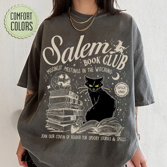 Retro Salem Book Club Shirt, Bookish Halloween Tee, Black Cat Spooky Book Lover Shirt, Salem Witches, Spooky Season Fall Bookish Things