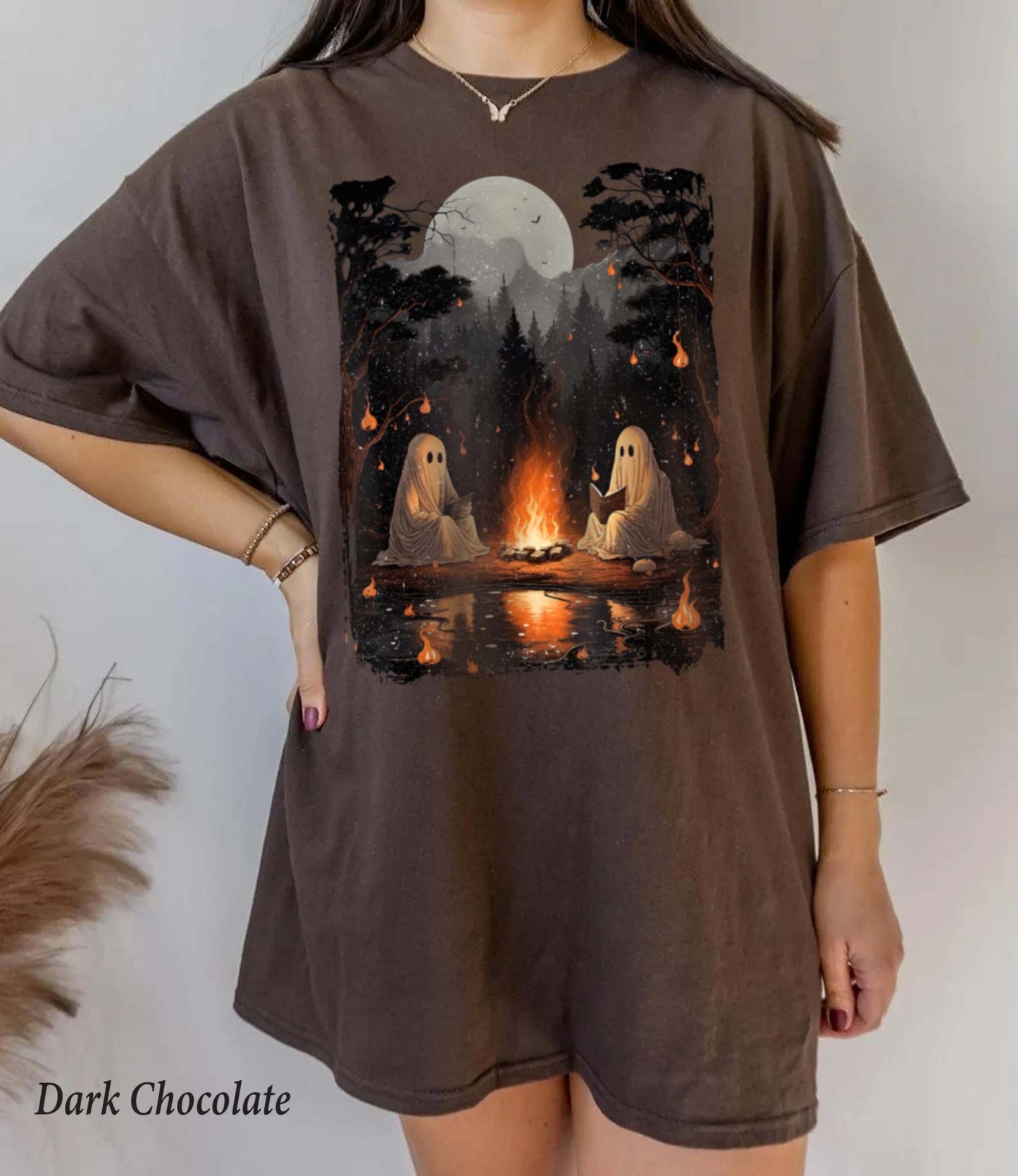 Vintage Ghost Book Reading Camping Gothic Halloween Teachers Stay Spooky Shirt Minimal Halloween Shirt Ghost Pocket shirt Skeleton Graphic