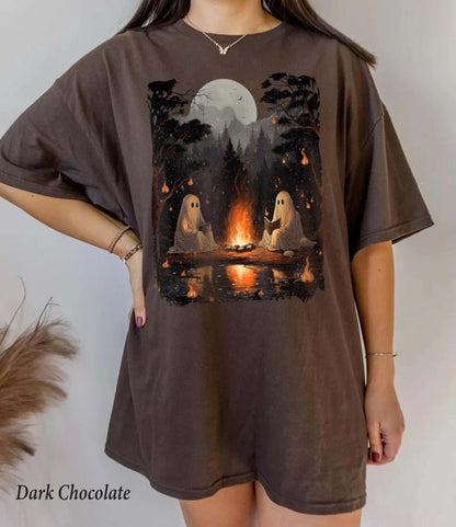 Vintage Ghost Book Reading Camping Gothic Halloween Teachers Stay Spooky Shirt Minimal Halloween Shirt Ghost Pocket shirt Skeleton Graphic
