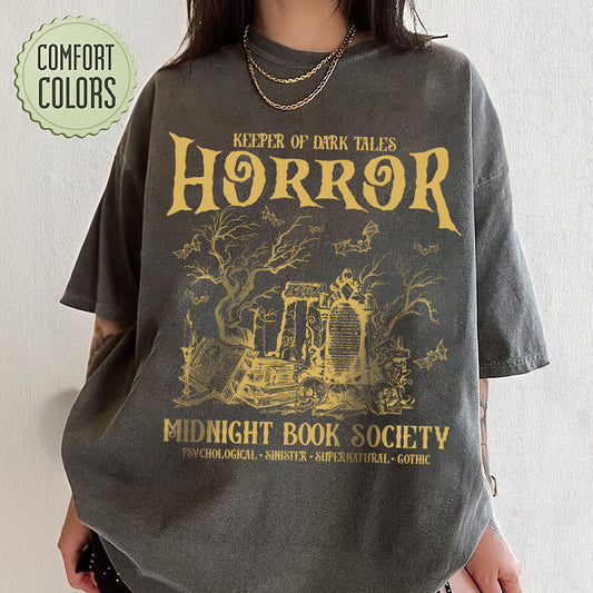 Horror Midnight Book Club Society Tee Comfort Colors Halloween Literary Vintage Shirt Psychic Supernatural Style Gothic Reader Horror Lover