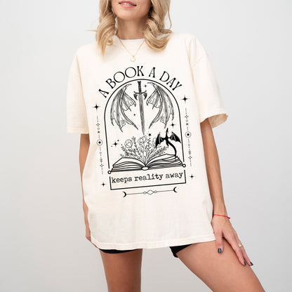 A Book a Day Keeps Reality Away Dragon Shirt, Vintage Bookish Shirt, Book Club Shirt, Fantasy Book Merch, Gift for Reader, Book Lover Gift