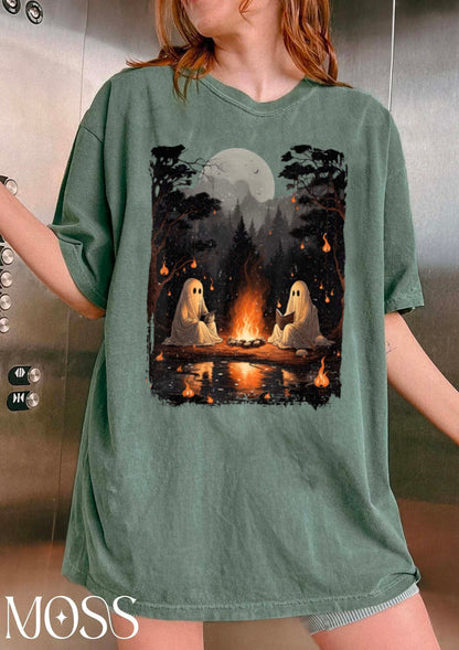 Vintage Ghost Book Reading Camping Gothic Halloween Teachers Stay Spooky Shirt Minimal Halloween Shirt Ghost Pocket shirt Skeleton Graphic