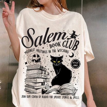 Retro Salem Book Club Shirt, Bookish Halloween Tee, Black Cat Spooky Book Lover Shirt, Salem Witches, Spooky Season Fall Bookish Things