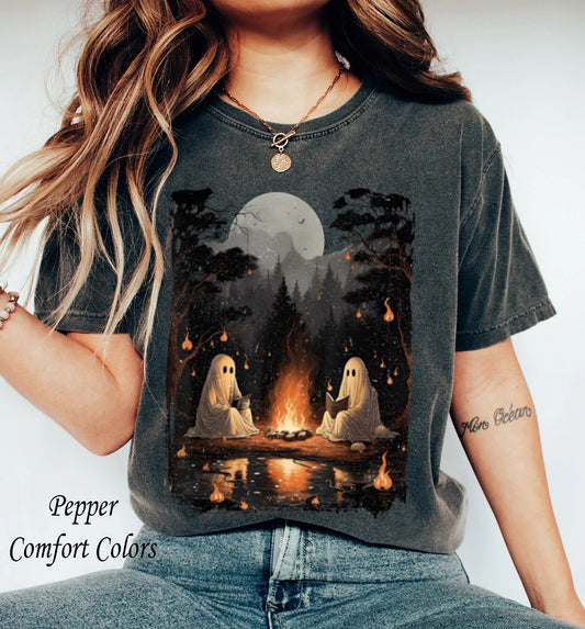 Vintage Ghost Book Reading Camping Gothic Halloween Teachers Stay Spooky Shirt Minimal Halloween Shirt Ghost Pocket shirt Skeleton Graphic