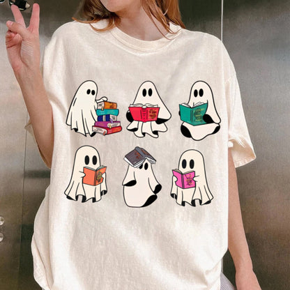 Halloween Comfort Colors Retro Ghosts Reading Books Teacher Librarian Halloween Gift Spooky Season Trendy Shirt Gift Halloween Book Lover