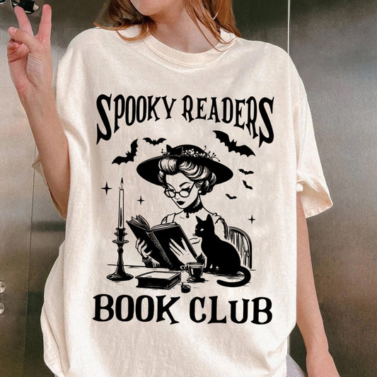 Halloween Comfort Colors, Retro Ghosts Reading Books, Teacher Librarian, Halloween Gift, Spooky Season Trendy Shir,t Gift Halloween Book Lover