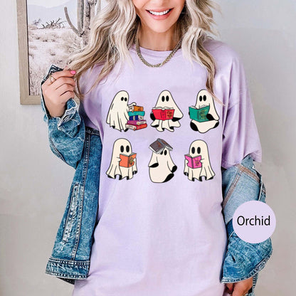 Halloween Comfort Colors Retro Ghosts Reading Books Teacher Librarian Halloween Gift Spooky Season Trendy Shirt Gift Halloween Book Lover