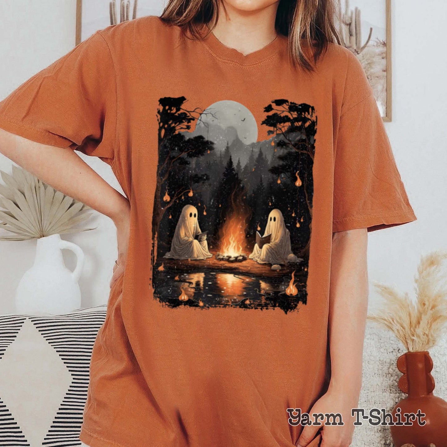 Vintage Ghost Book Reading Camping Gothic Halloween Teachers Stay Spooky Shirt Minimal Halloween Shirt Ghost Pocket shirt Skeleton Graphic