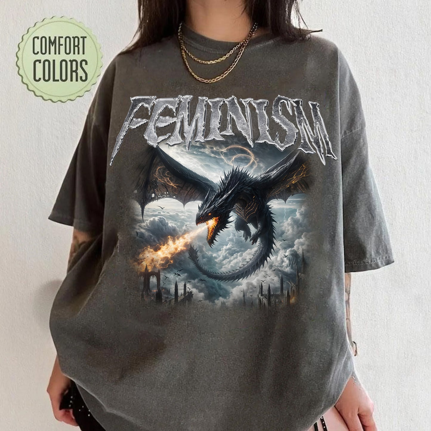 Feminism Dragon Graphic T-Shirt, Gothic Fantasy Dragon Castle Tee, Feminist Dark Fantasy Tee, Vintage Feminism Graphic Tee