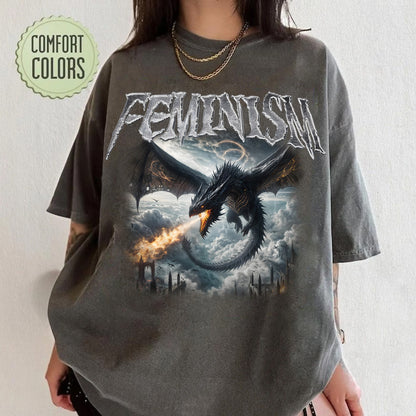 Feminism Dragon Graphic T-Shirt, Gothic Fantasy Dragon Castle Tee, Feminist Dark Fantasy Tee, Vintage Feminism Graphic Tee