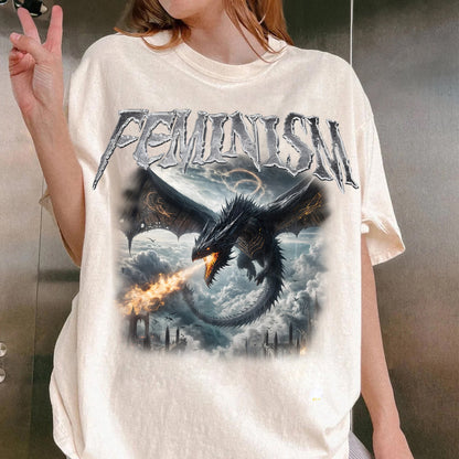 Feminism Dragon Graphic T-Shirt, Gothic Fantasy Dragon Castle Tee, Feminist Dark Fantasy Tee, Vintage Feminism Graphic Tee