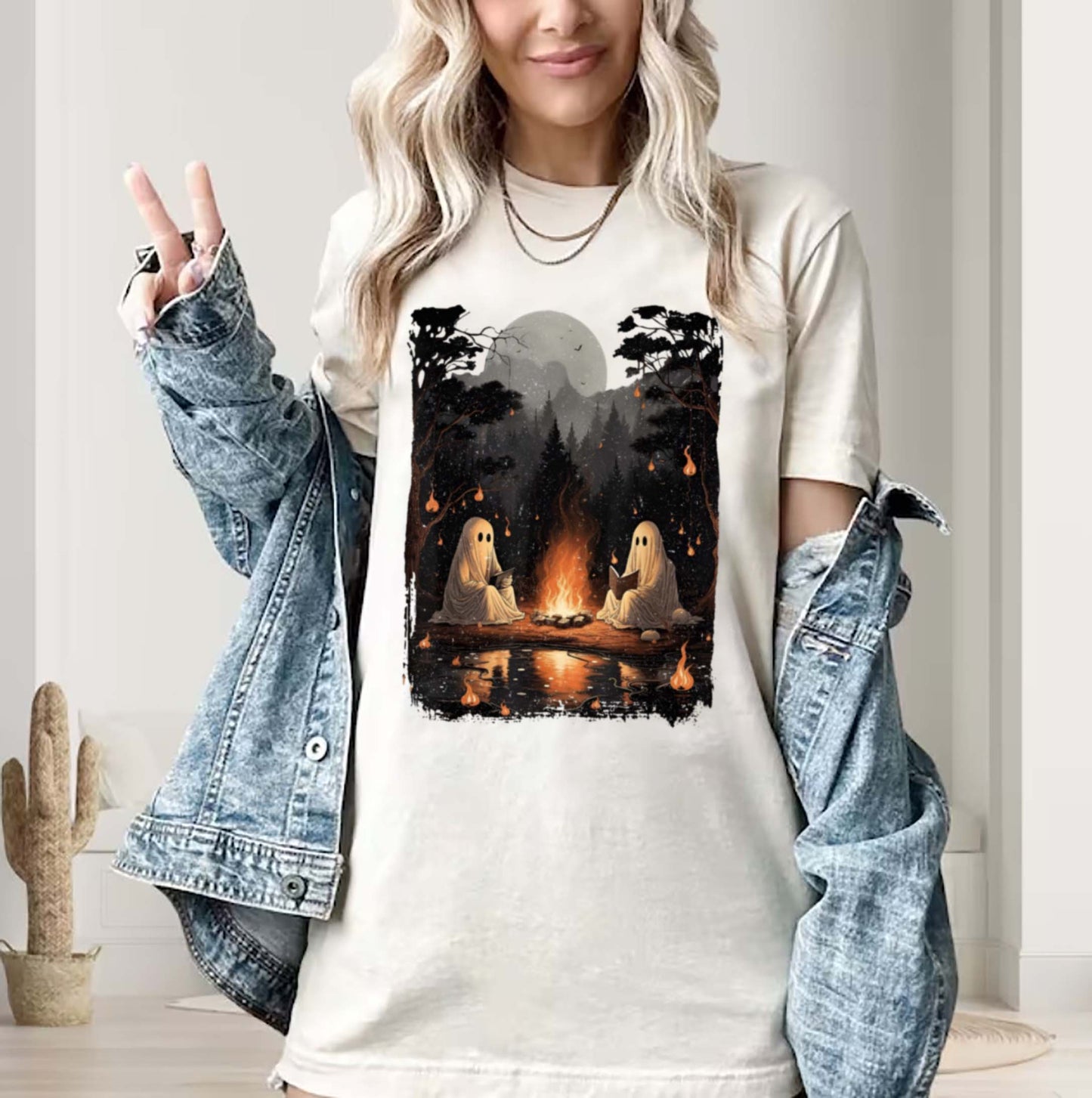 Vintage Ghost Book Reading Camping Gothic Halloween Teachers Stay Spooky Shirt Minimal Halloween Shirt Ghost Pocket shirt Skeleton Graphic