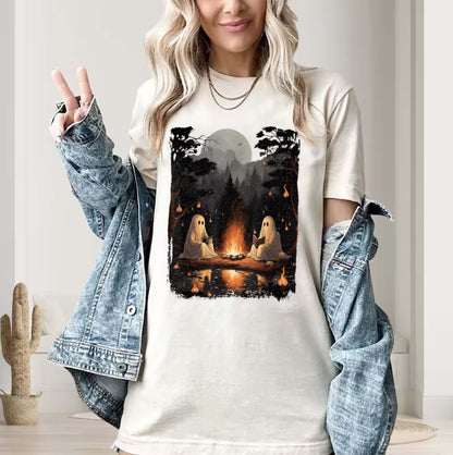 Vintage Ghost Book Reading Camping Gothic Halloween Teachers Stay Spooky Shirt Minimal Halloween Shirt Ghost Pocket shirt Skeleton Graphic