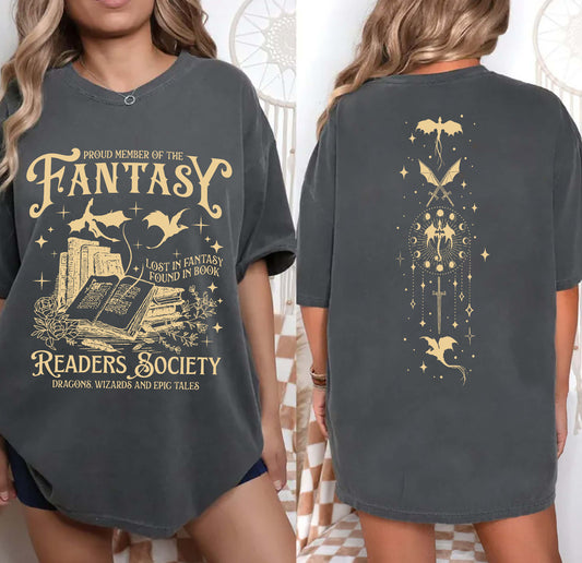 Fantasy Reader Society Shirt Back Print Graphic Shirt for Fantasy Book Lover Gift For Romance Reader Vintage Girlie Bookish Shirt for Women
