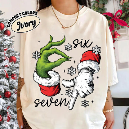 Trending Six Seven Meme Christmas Green Guy Skeleton Hands Shirt, Funny Christmas Shirt, Xmas 6 7 Shirt, Christmas Movie Shirt, Trendy Social Shirt