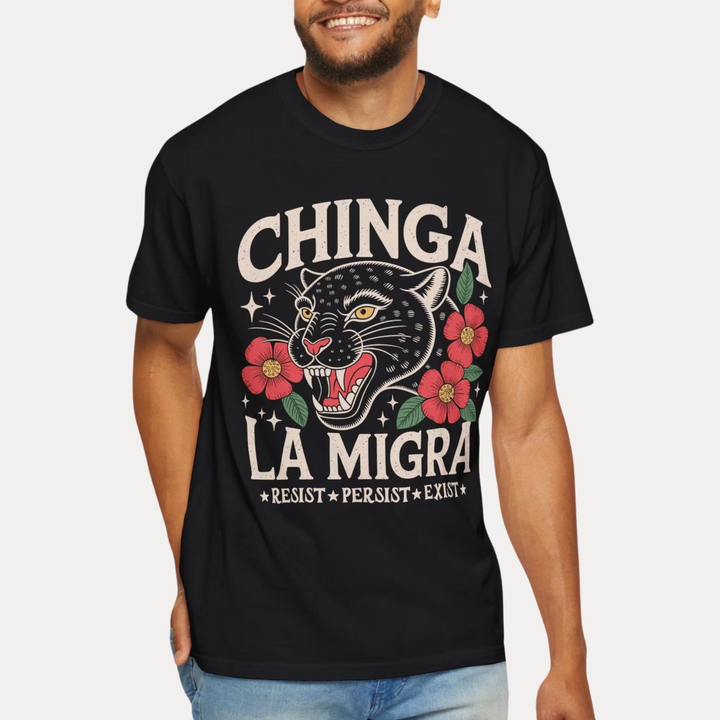 Chinga La Migra Comfort Colors Shirt Human Rights Gift Social Justice Shirts Latino Protest Tee Support Immigrants Tshirt Black Floral Cat