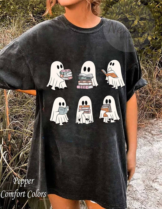 Halloween Comfort Colors Retro Ghosts Reading Books Teacher Librarian Halloween Gift Spooky Season Trendy Shirt Gift Halloween Book Lover