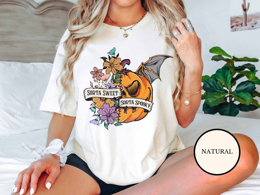 Sweet Sorta Spooky Pumpkin Shirt, Flower Pumpkin Shirt, Halloween PumpkinTee, Horror Shirt, Halloween Party Gift, Sarcasm Tee, Spooky Season T Shirt