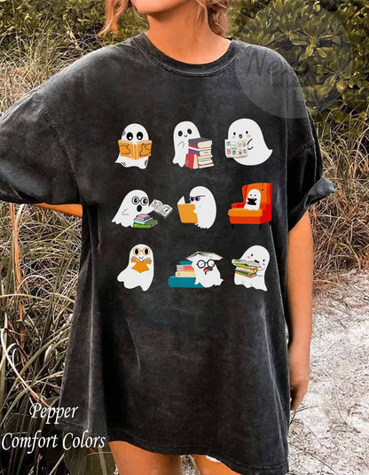 Ghost Reading Books Comfort Colors Shirts, Bookish Halloween Ghost Shirt, Librarian Sweater, Funny Reading Shirt, Librarian Sweatshirt, Ghost Crewneck