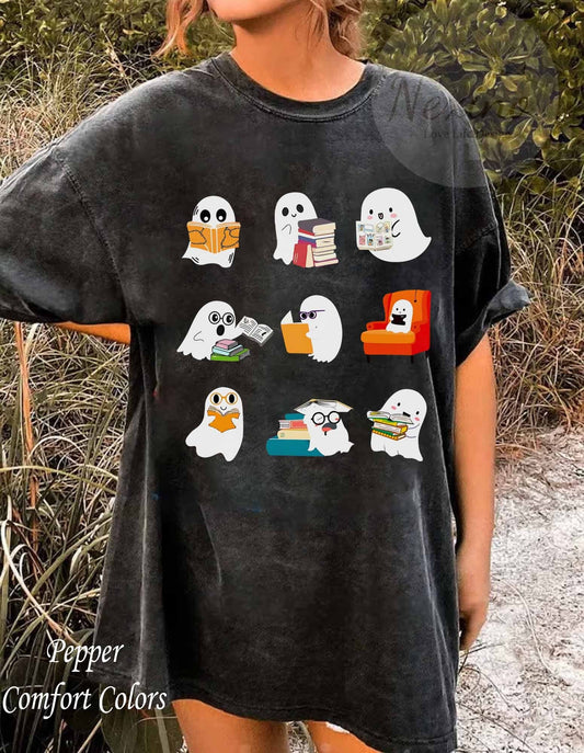 Ghost Reading Books Comfort Colors Shirts, Bookish Halloween Ghost Shirt, Librarian Sweater, Funny Reading Shirt, Librarian Sweatshirt, Ghost Crewneck