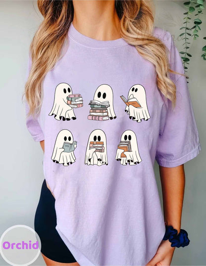 Halloween Comfort Colors Retro Ghosts Reading Books Teacher Librarian Halloween Gift Spooky Season Trendy Shirt Gift Halloween Book Lover
