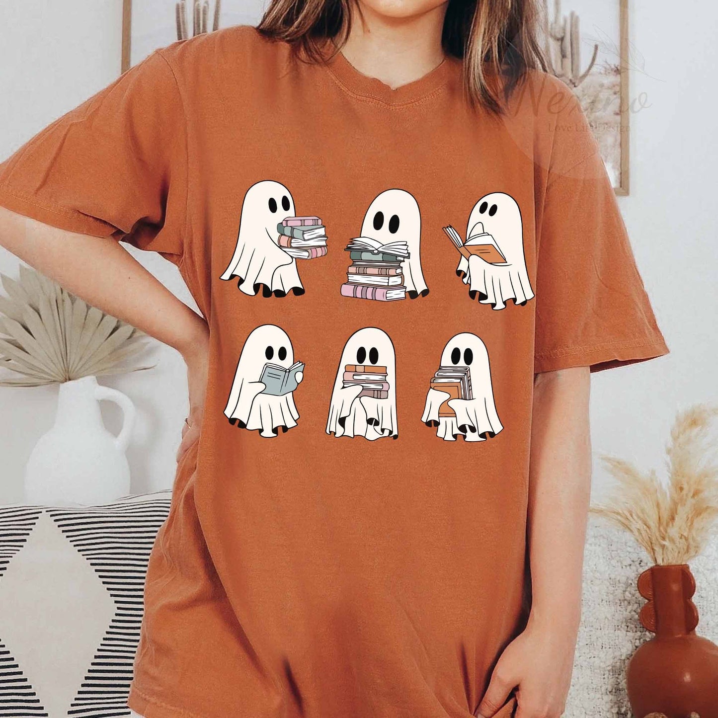 Halloween Comfort Colors Retro Ghosts Reading Books Teacher Librarian Halloween Gift Spooky Season Trendy Shirt Gift Halloween Book Lover