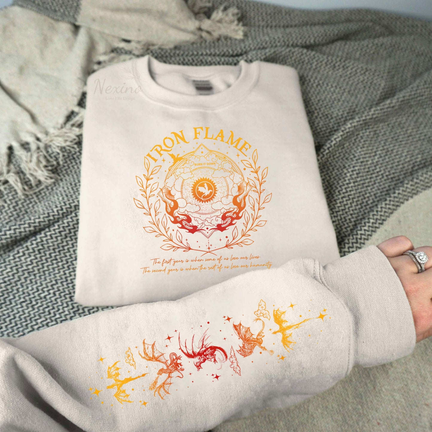 Iron Flame Sleeve Printed Shirt, Basgiath War College Sweatshirt, Dragon Rider, Fourth Wing Shirt, Rebecca Yoros, Violet Sorengial, Bookish Shirt