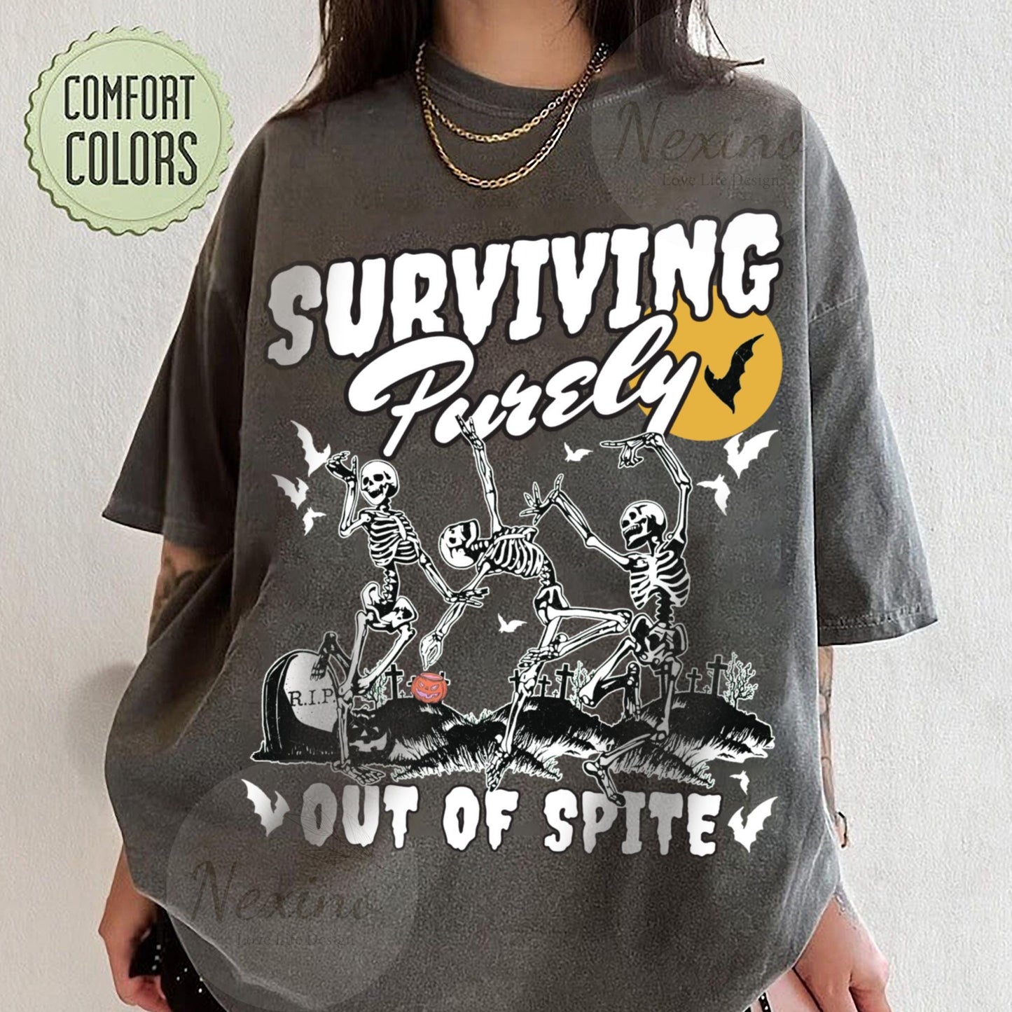 Surviving Purely out of Spite Shirt, Bat Lover Gothic Boho Garment Dyed Shirt, Funny Goth Celestial Skeleton and Bats Shirt