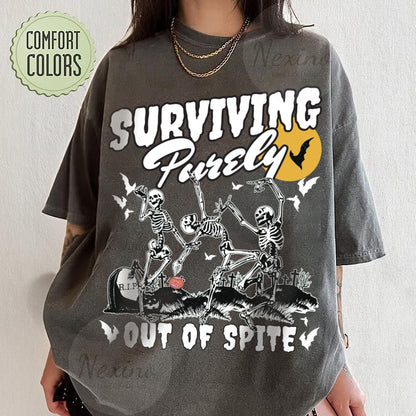 Surviving Purely out of Spite Shirt, Bat Lover Gothic Boho Garment Dyed Shirt, Funny Goth Celestial Skeleton and Bats Shirt