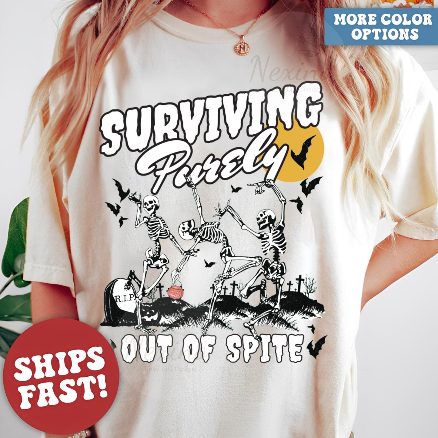 Surviving Purely out of Spite Shirt, Bat Lover Gothic Boho Garment Dyed Shirt, Funny Goth Celestial Skeleton and Bats Shirt