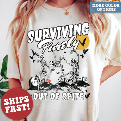 Surviving Purely out of Spite Shirt, Bat Lover Gothic Boho Garment Dyed Shirt, Funny Goth Celestial Skeleton and Bats Shirt