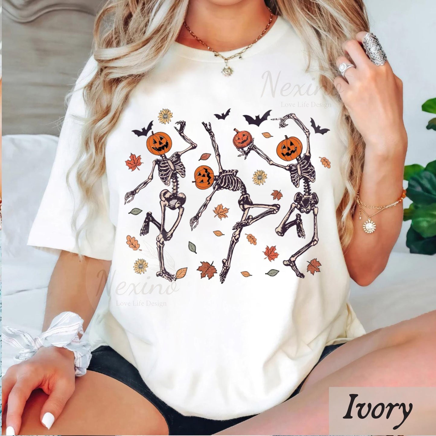 Dancing Skeleton Pumpkin Shirt, Retro Halloween Women's Shirt, Funny Fall Halloween Party TShirt, Spooky Season Skeleton Tee