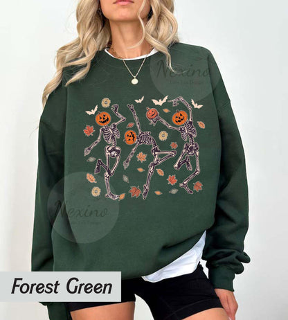 Dancing Skeleton Pumpkin Shirt, Retro Halloween Women's Shirt, Funny Fall Halloween Party TShirt, Spooky Season Skeleton Tee