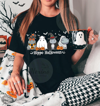 Cute Baby Hippo Moo Deng Fall Shirt, Boo Ghost Moo Deng Bouncy Pig Halloween, Hippo Lover, Pygmy Hippo Moo Deng Shirt, Hippo Halloween Shirt