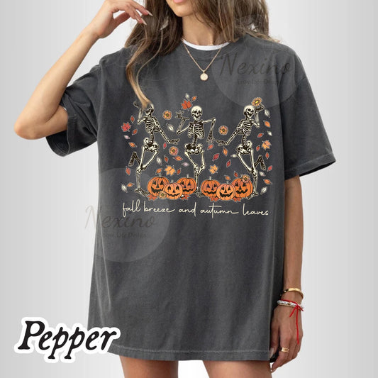 Dancing Skeleton Pumpkin Shirt, Retro Halloween Women's Shirt, Funny Fall Halloween Party TShirt, Spooky Season Skeleton Tee