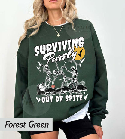 Surviving Purely out of Spite Shirt, Bat Lover Gothic Boho Garment Dyed Shirt, Funny Goth Celestial Skeleton and Bats Shirt