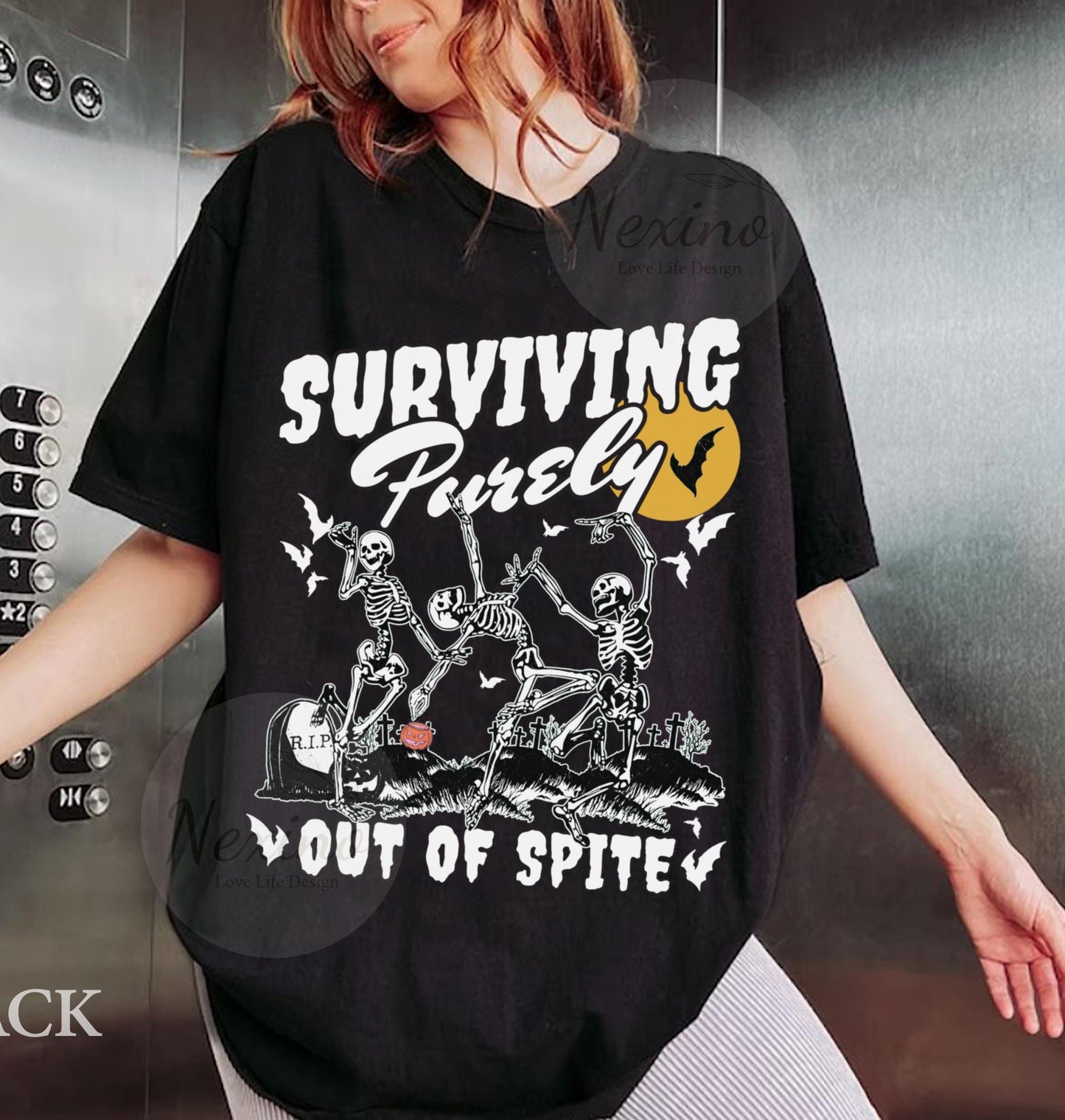 Surviving Purely out of Spite Shirt, Bat Lover Gothic Boho Garment Dyed Shirt, Funny Goth Celestial Skeleton and Bats Shirt