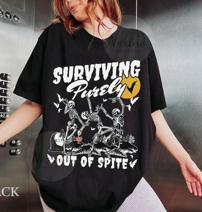 Surviving Purely out of Spite Shirt, Bat Lover Gothic Boho Garment Dyed Shirt, Funny Goth Celestial Skeleton and Bats Shirt