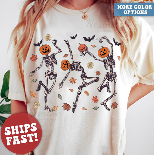 Dancing Skeleton Pumpkin Shirt, Retro Halloween Women's Shirt, Funny Fall Halloween Party TShirt, Spooky Season Skeleton Tee