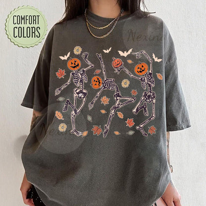 Dancing Skeleton Pumpkin Shirt, Retro Halloween Women's Shirt, Funny Fall Halloween Party TShirt, Spooky Season Skeleton Tee