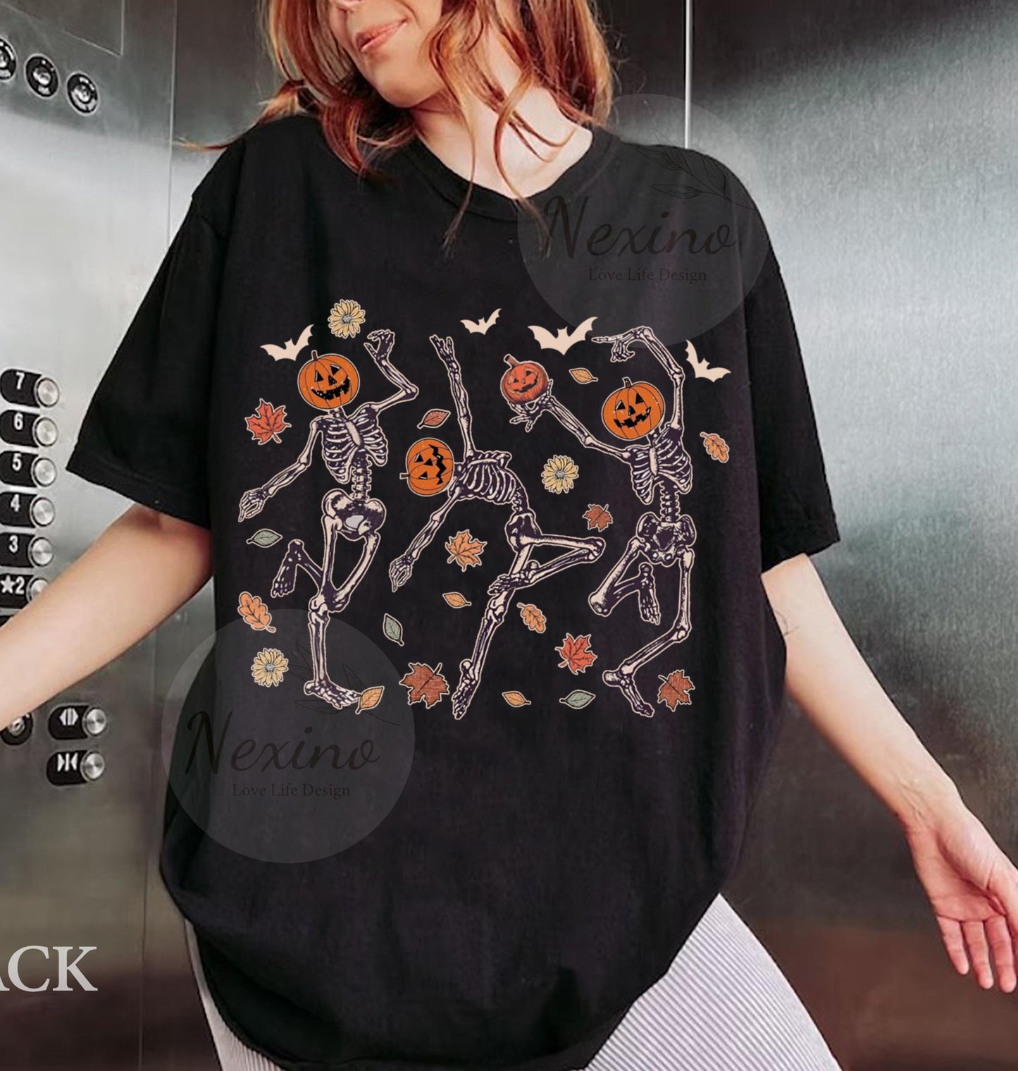 Dancing Skeleton Pumpkin Shirt, Retro Halloween Women's Shirt, Funny Fall Halloween Party TShirt, Spooky Season Skeleton Tee