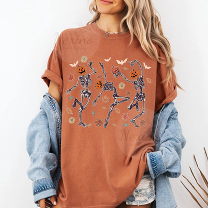 Dancing Skeleton Pumpkin Shirt, Retro Halloween Women's Shirt, Funny Fall Halloween Party TShirt, Spooky Season Skeleton Tee