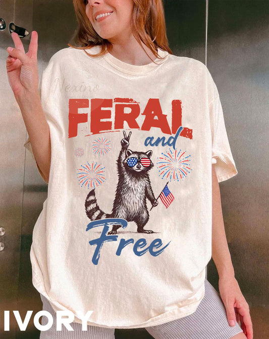 Funny 4th of July Shirt, Feral & Free Raccoon Comfort Colors T-Shirt, American Feral Girl Summer Meme Shirt, Patriotic Independence Day Gift